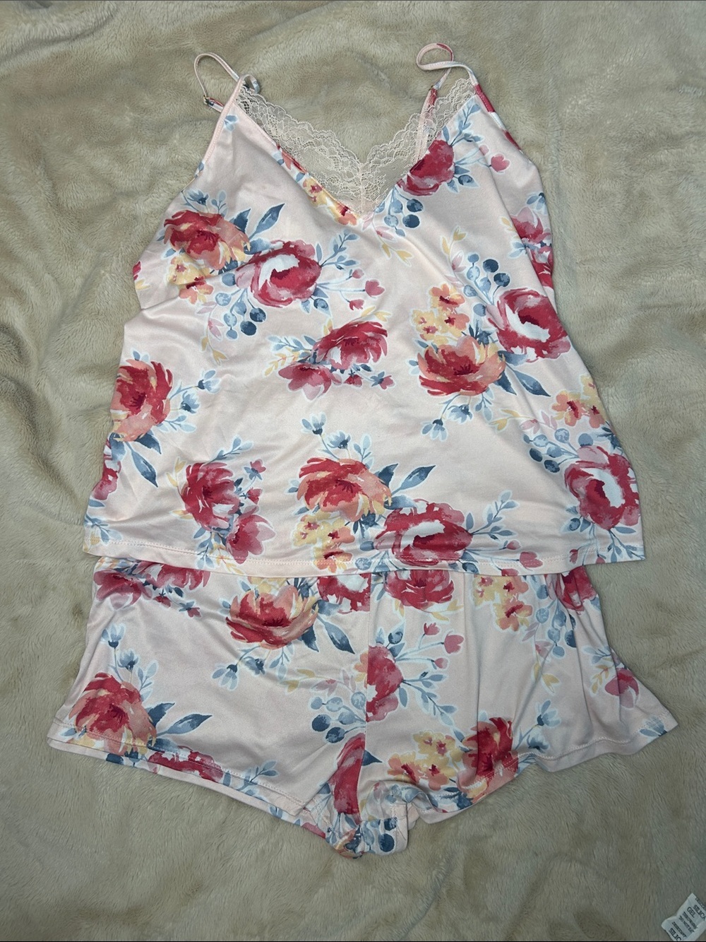 Flora Floral Lace Trim Cami Shorts Pajama Sleep Set Pink XL Womens Lounge